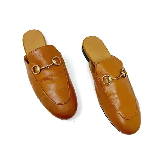 GUCCI Princetown Loafers Tan Brown Mules Shoes Slippers Horsebit EU 35.5 US 5.5 - Picture 3 of 13